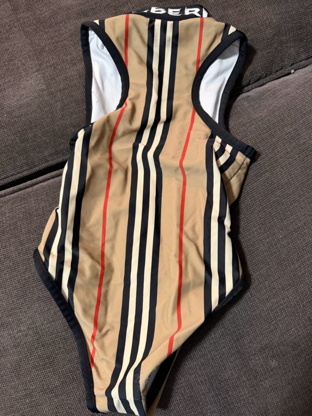 Burberry One-Piece Swimsuit in Beige, Black & Red